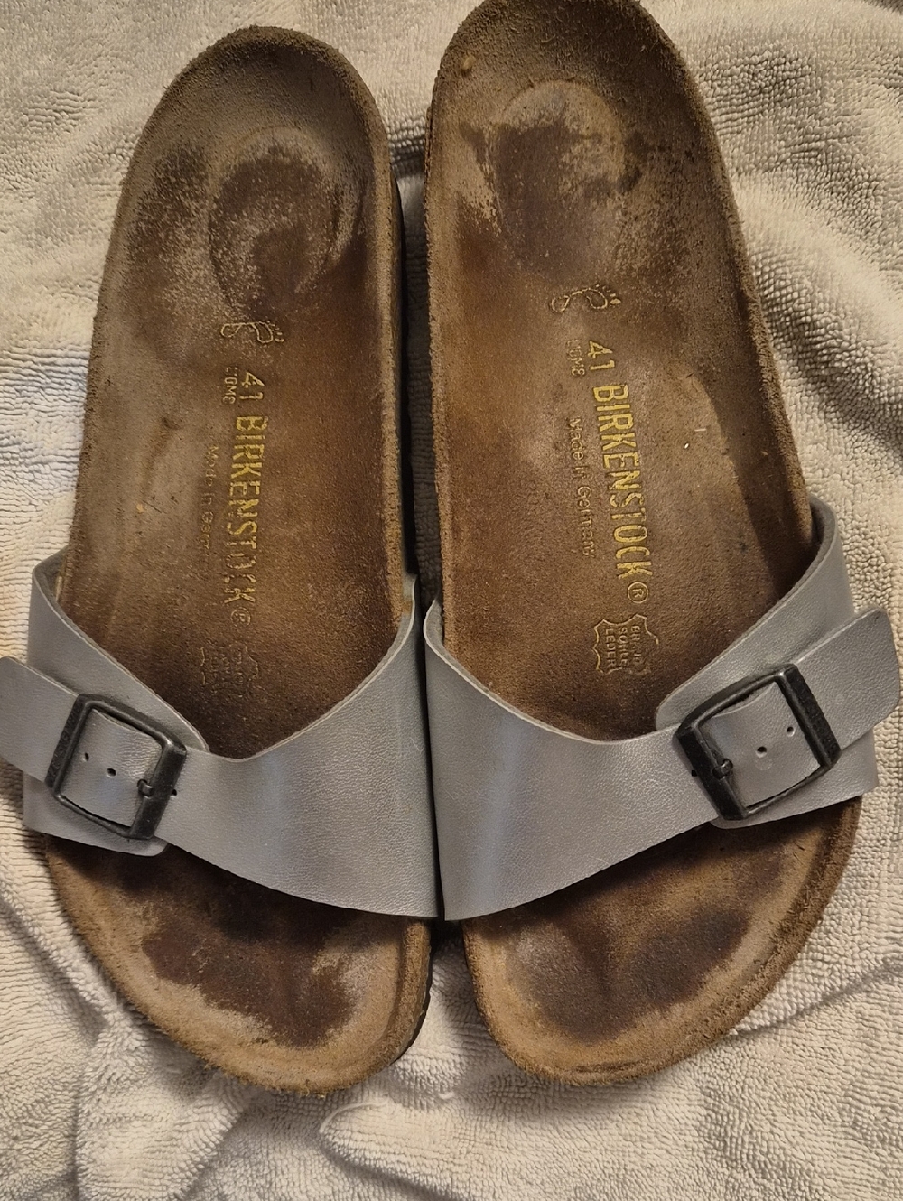 Birkenstock Single Strap Slide Sandals in Gray with Black Buckles
